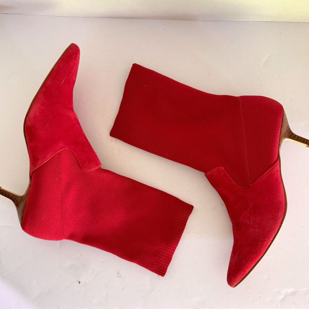 Halston Heritage, Red Suede Kitten Heel Sock Boots, 8 Annalise